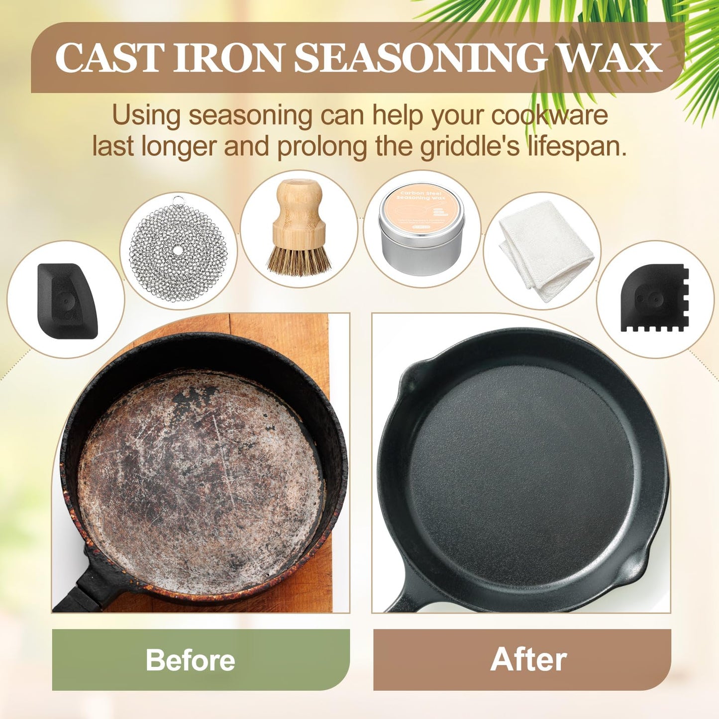 ElaraBerry 6 Pcs Cast Iron Cleaning Kit Includes Cast Iron Seasoning Wax, Chain Mail Scrubber, Cleaning Brush, Scrapers and Dish Towel Carbon Steel Care Set for Pan Grill Kitchen Supplies