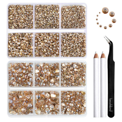 Beadsland 8300PCS Flatback Rhinestones, Gold Rhinestone Round Crystal Rhinestones for Crafts, Mixed 10 Sizes with Wax Pencil and Tweezer Kit, SS3-SS30, Golden Shadow