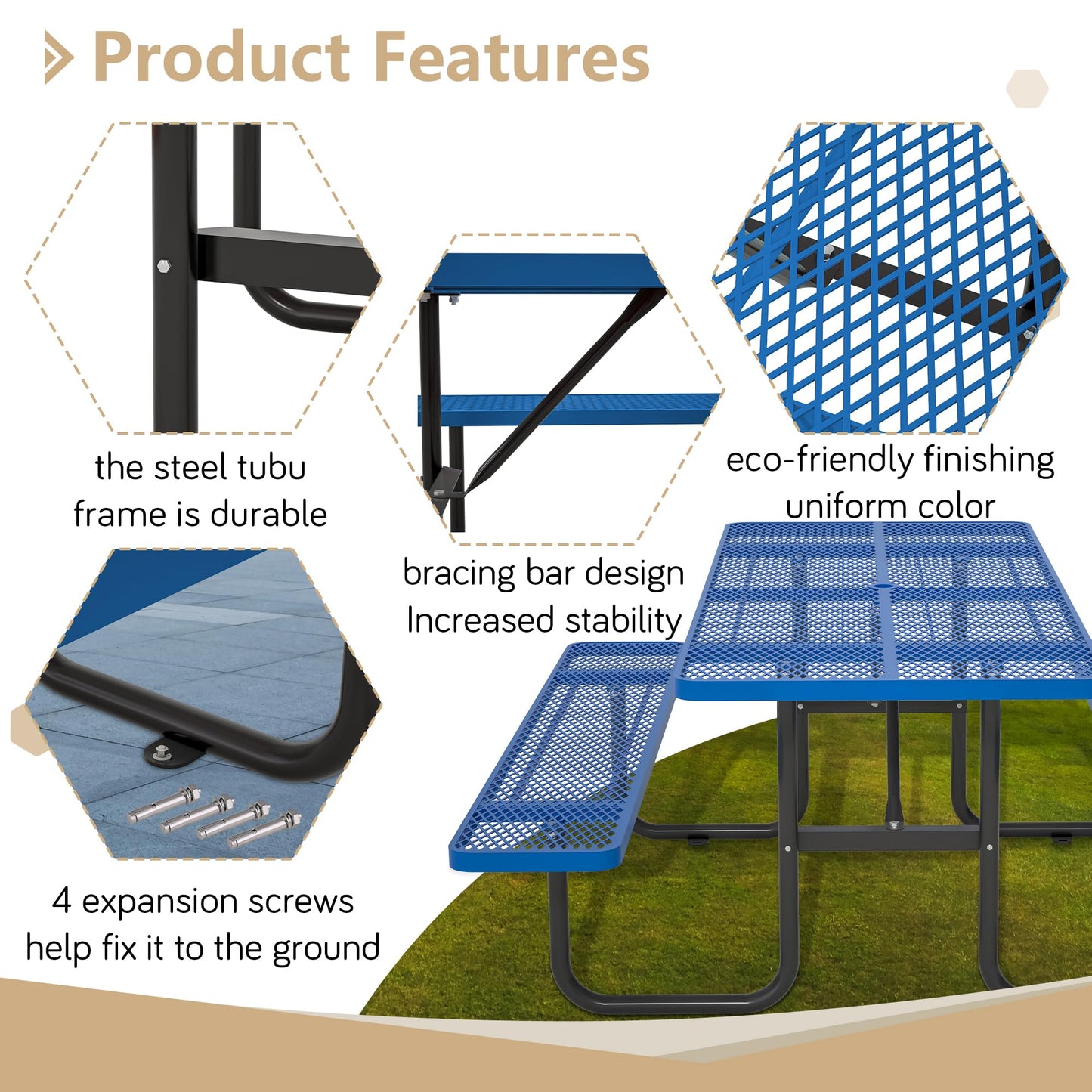 Dvasovio 72'' Rectangular Metal Picnic Table with 1.73" Umbrella Hole, Heavy Duty Steel Mesh Table Set, Weather Resistant Sturdy Outdoor Furniture, for Patio, Garden, Courtyard & BBQ, Blue