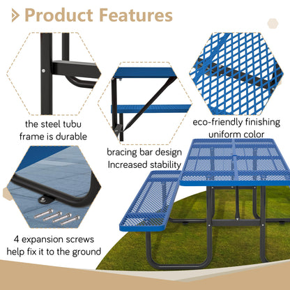 Dvasovio 72'' Rectangular Metal Picnic Table with 1.73" Umbrella Hole, Heavy Duty Steel Mesh Table Set, Weather Resistant Sturdy Outdoor Furniture, for Patio, Garden, Courtyard & BBQ, Blue