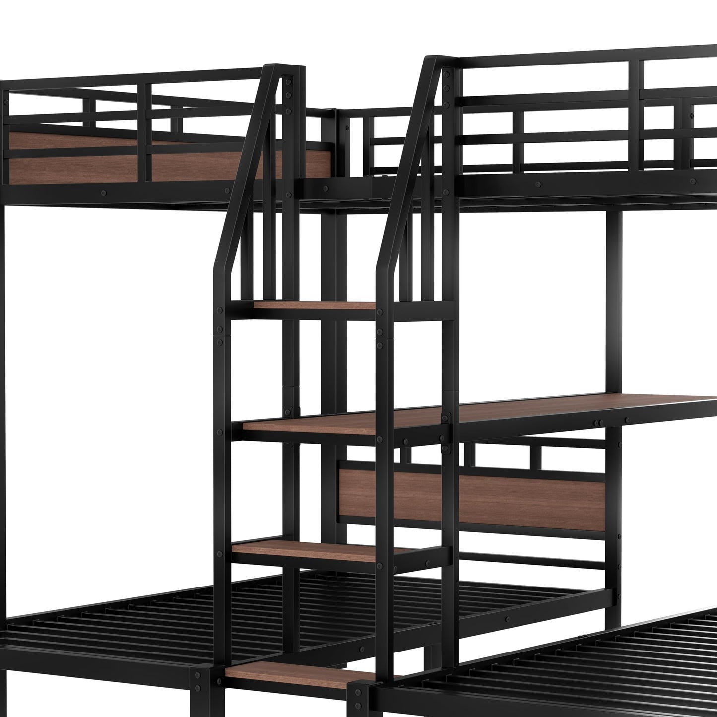 Bellemave Queen Over Twin Over Twin Bunk Beds for 3 Kids,Metal Heavy Duty Triple Bunk Bed Frame with Stairs and Storage Shelf,3 Bed Bunk Beds,Twin Size Triple Bed,Black