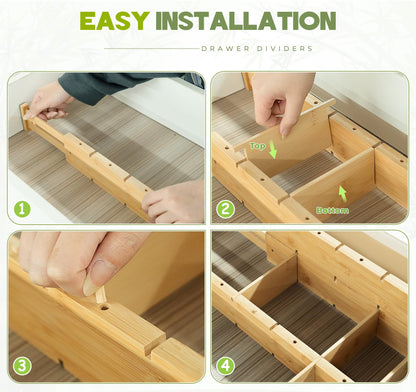 Bamboo Drawer Dividers 4PCS with Inserts, Expandable Kitchen Utensil Drawer Organizers,Adjustable drawer organizer for deep drawers Dresser Closet Underwear Storage Bedroom Bathroom Drawers(16.6"-22")