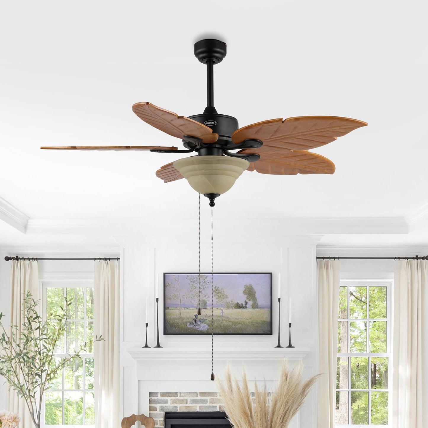 JONATHAN Y 52" Light Brown Coastal Bohemian Palm Leaf LED Ceiling Fan, 3-Light Rustic Wood Blades with Pull Chain for Living Room, Frosted Glass Shade, LED Bulbs Included (JYL9720C)
