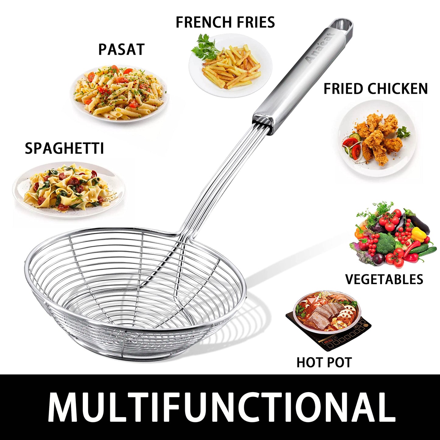 Anaeat Stainless Steel Spider Strainer Skimmer - Solid Kitchen Strainer Ladle with Long Handle for Cooking and Frying, Reinforced Double Coil Slotted Spoons for Pasta, Noodle, Spaghetti (5.5 Inch)