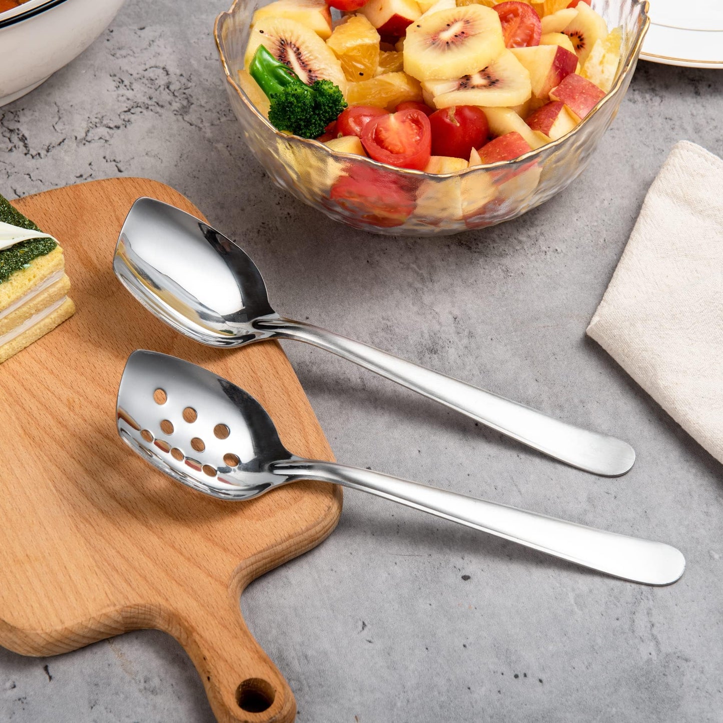 IMEEA 8-Inch Compact Flat Bottom Scraping Cooking Spoon Set of 2, 18/8 Stainless Steel Slotted & Solid Stirring Spoon, Small Kitchen Spoon for Sauces, Eggs, Instant Pot, Small Pan & Bowl