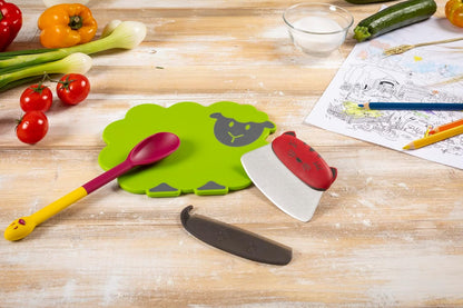 Kuhn Rikon Kinderkitchen Kids Cutting Board, Sheep, 9.8" x 9.1" x 4.3", Green Child-Friendly Kitchen Tool