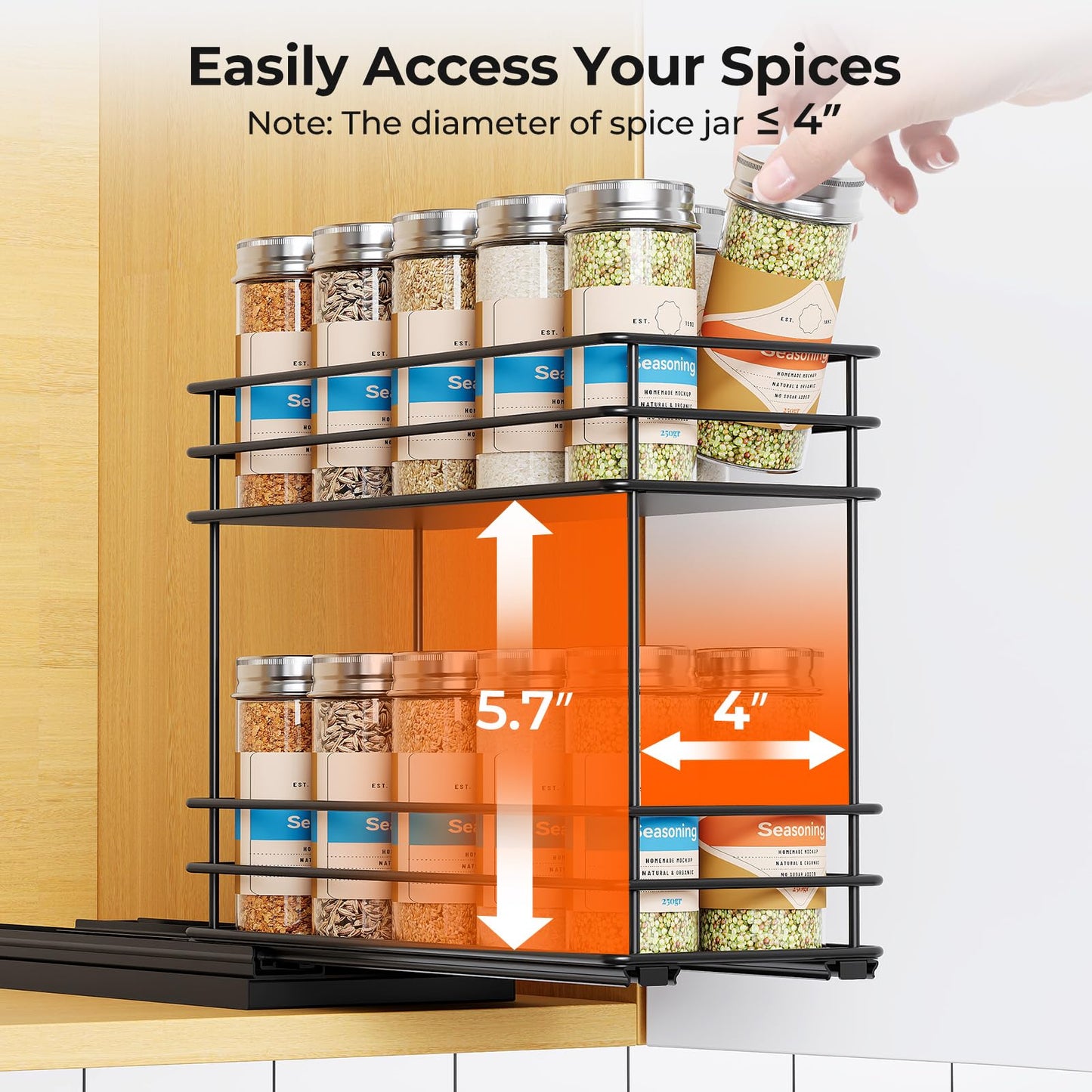 Pull Out Spice Rack Organizer for Cabinet, Slide Out Spice Racks, Easy to Install, 2.1''Wx10.35''Dx8.26''H, 3 Drawers 2 Tiers(Black)