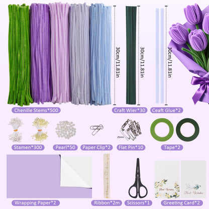 EARLY MINDS 500 Pcs Pipe Cleaners Craft Kit for Flower Making, DIY Bouquet Set with 8mm Chenille Stems, Step-by-Step Tutorial, Floral Wire, Ribbon & Tools for Handmade Gifts and Decor, Purple