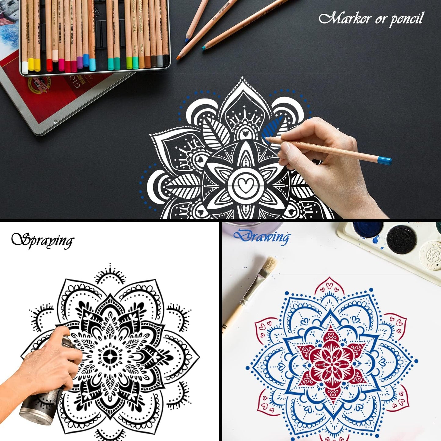 9-Piece Mandala Stencil Set - Reusable Mandala Painting Templates for DIY Wall, Tile, Furniture, Canva, Outdoor & Indoor Decoration