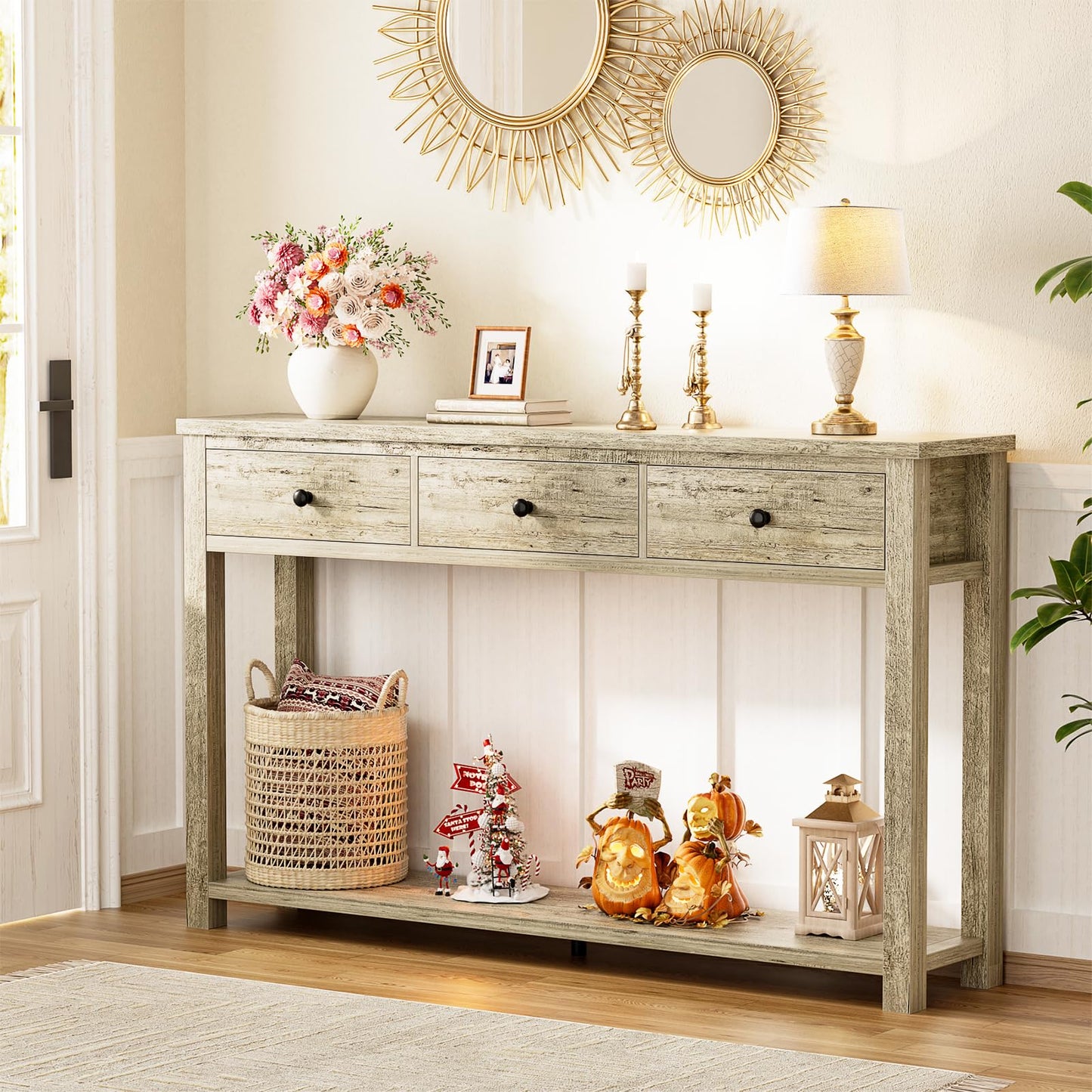 Homieasy Farmhouse Console Table with 3 Drawers, 47 Inch Wood Sofa Table with Storage Shelf for Living Room, Behind Couch, Entryway Table for Hallway, Living Room, or Foyer, Light Rustic Oak