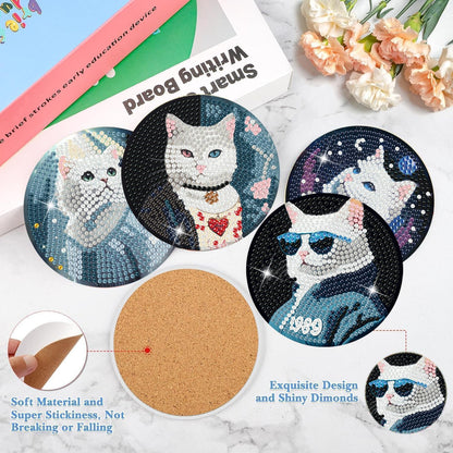 Puraikcmi 8PCs Diamond Paintings Coasters Kits Set, Cat Diamond Art Coasters with Holder, DIY Crafts Diamond Art Kits Adults Craft Diamond Gem Art Gift (Album Inspied Cat)
