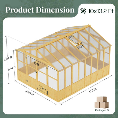 Jocisland 10x13.2 Ft Wood Greenhouse, Wooden Greenhouse for Outdoors with Lockable Door, Walk-in Cedar Greenhouse with Adjustable 2 Roof Vents, Polycarbonate Greenhouse for Outdoors, Garden, Backyard