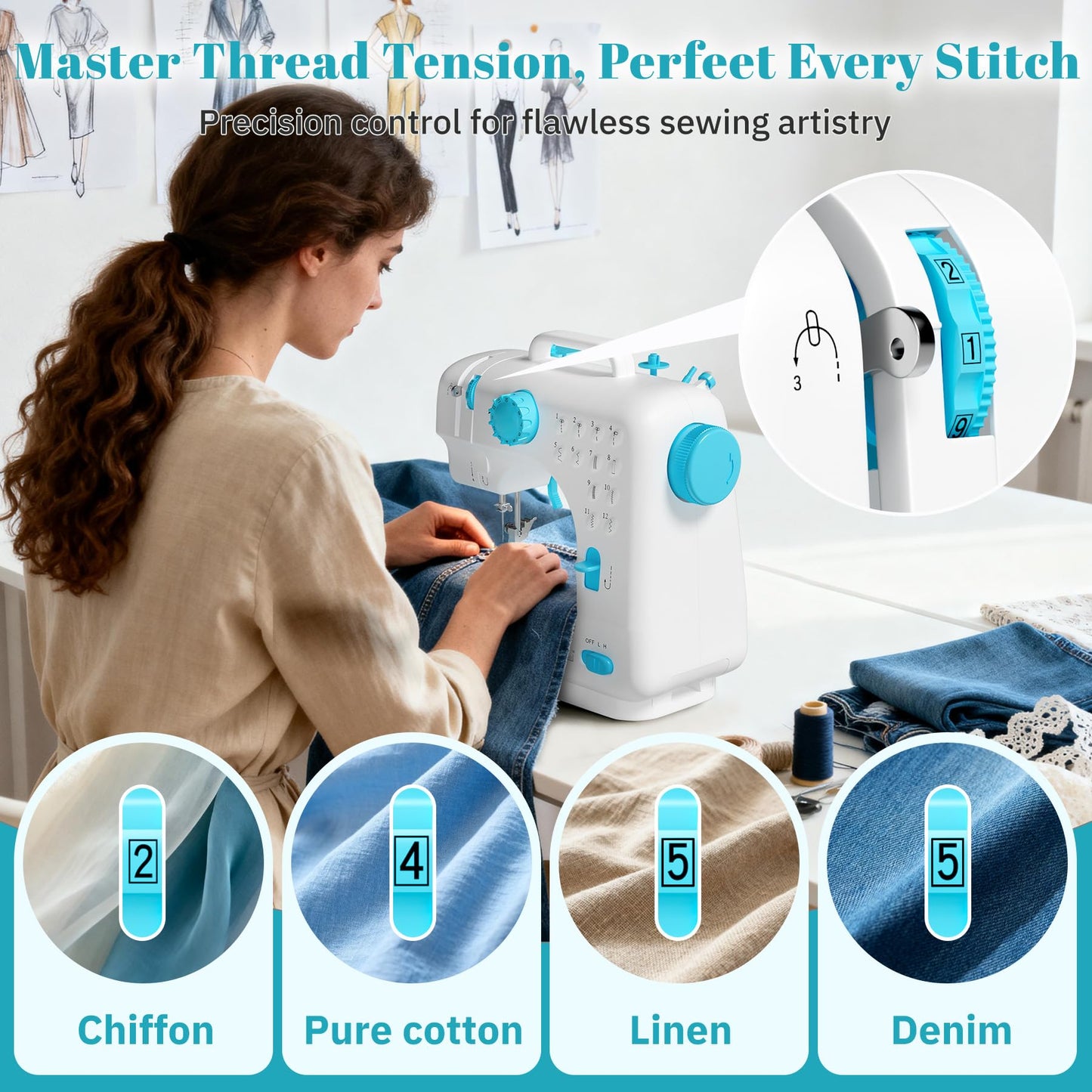 Verdanika Beginner Sewing Machine, 12 Built-in Stitches with Foot Pedal, 2-Speed Control, Portable Mini Sewing Machine for Home Travel Use & Sewing Enthusiasts (blue)