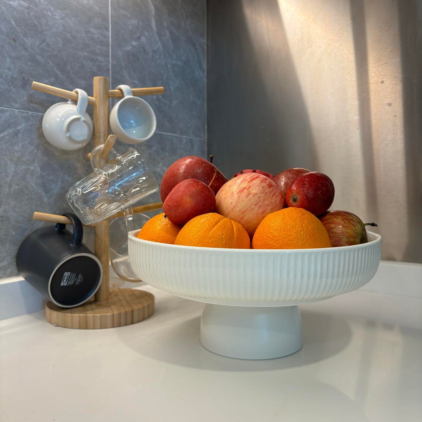 JolieJulie Ceramic Fruit Bowl,11" Decorative Bowl, Large Fruit Bowl for Kitchen Counter, Pedestal Bowl, Kitchen Counter Décor, Bread Candy Snacks Organizer, White (5.3 lbs, 68oz)