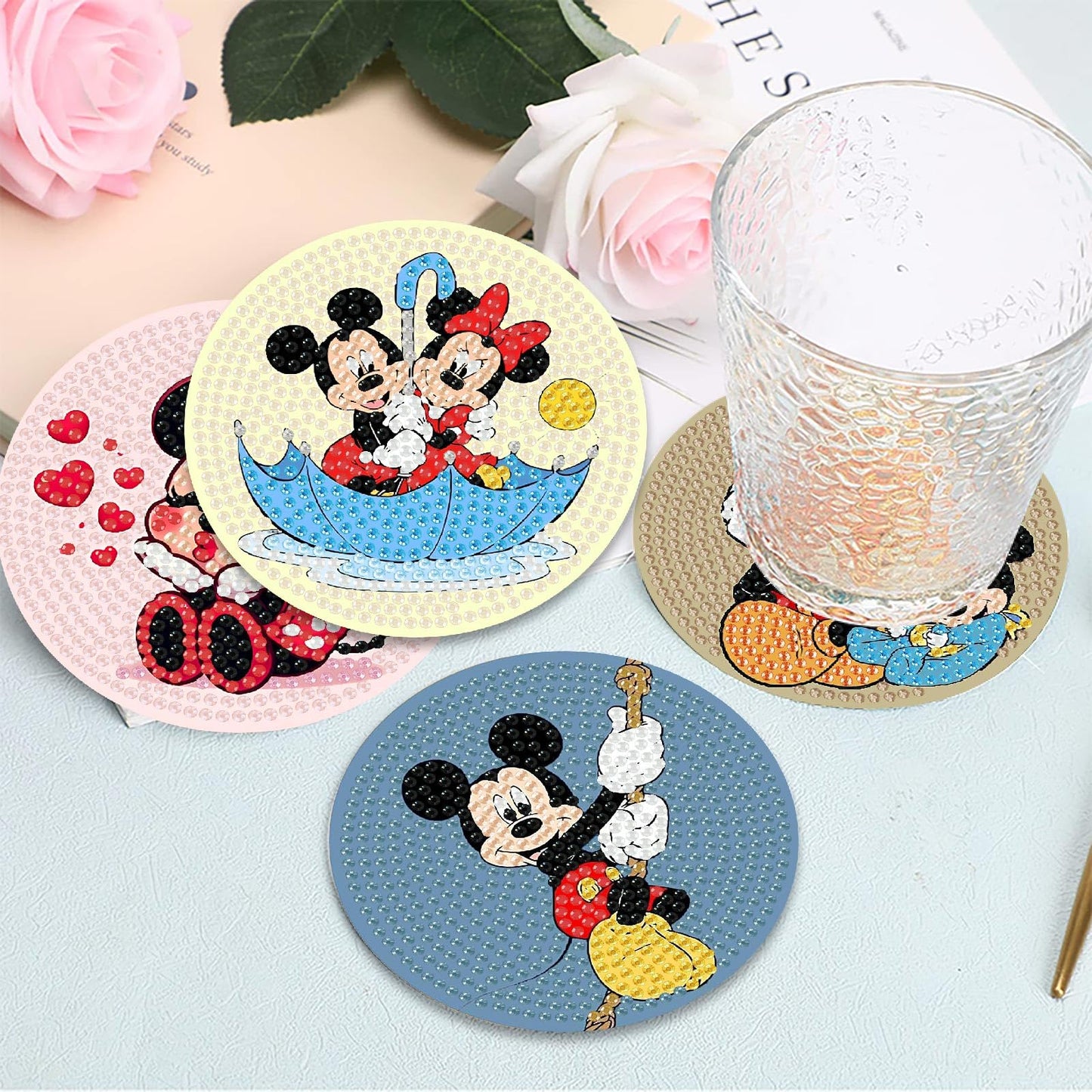 nekpiahu 8Pcs Cartoon Diamond Painting Coasters with Holder,DIY Cartoon Life Coaster Diamond Art Kits for Adults, Beginners Round Full Drill Diamond Art Craft Supplies