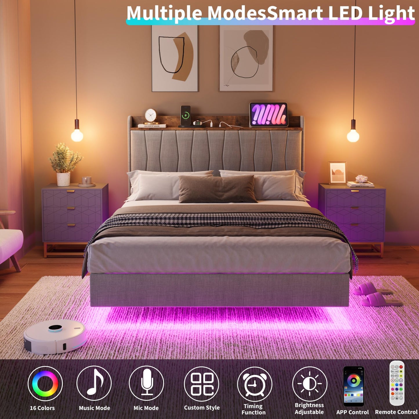 GarveeHome Floating Bed Frame Full with LED Lights & USB Charging Station – Modern Upholstered Platform Bed with Headboard, Solid Wood Slats Support, No Box Spring, Easy Assembly, Noise-Free, Grey