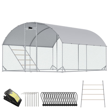 Chicken Coop Large Metal Chicken Run with Full-Top Waterproof Cover - Chicken House for 16/20 Chickens, Poultry Cage with Solar Light, Backside Poles, Walk-in Pen for Rabbits Ducks Yard 2 Room