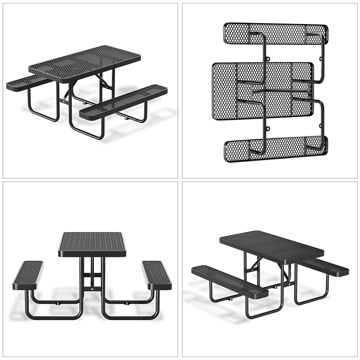 4FT Metal Picnic Tables for Outdoors, Commercial Rectangular Picnic Table and Bench Set for Outside, Patio, Garden, Backyard, Porch, Surface Mount, Black