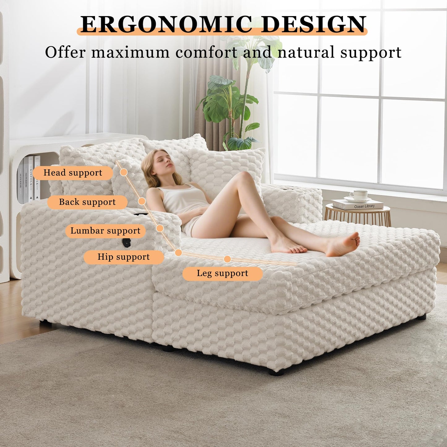 PeacefulHues 60 Inch Oversized Chaise Lounge Indoor, Upholstered Sofa Bed with Throw Pillows and Armrests, Sleeper Chair- Cozy Reading Chair for Living Room, Bedroom, Home, Beige