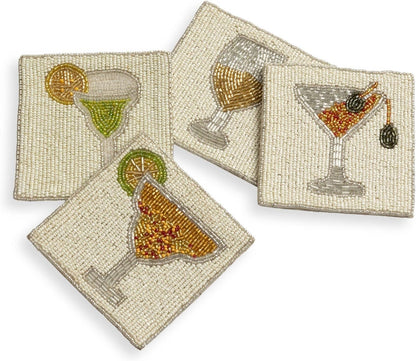 Set 4 (4")| Folkulture Coasters of Beaded Cocktail Handmade Square Drink Coasters for Coffee Table & Bar | Boho Home