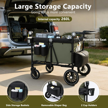 Kinder King Wagon Stroller for 4 Kids, All-Terrain Foldable Outdoor Stroller Wagon 4 Seater, Removable Canopy, Adjustable Handle, Detachable Tray, Large Storage, Green