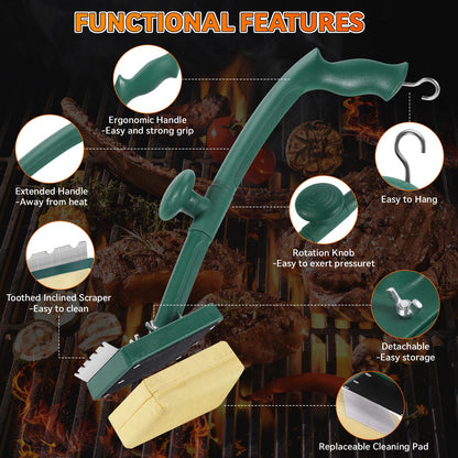 Grill Brush Bristle Free with Scraper,22" Extra Long Steam Grill Brush for Outdoor Grill,Replaceable Cleaning Head,Safe Grill Cleaner for Cast Iron/Stainless-Steel Grates,Ideal BBQ Gifts for Men Dad