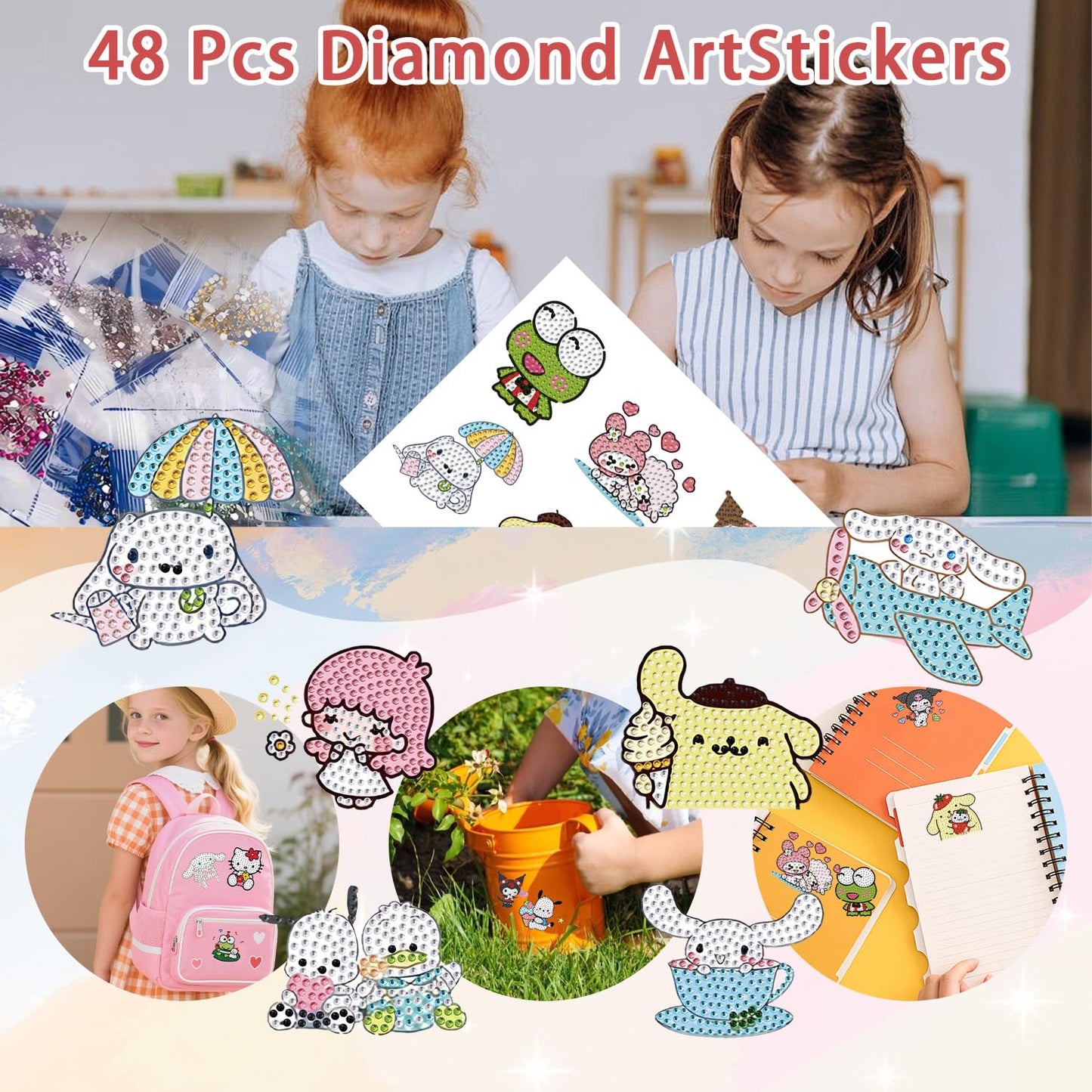 CYNART 48 Pcs Diamond Art Stickers for Kids, Small Diamond Painting Stickers Kits for Kid, Mini Diamond Painting Arts and Crafts for Kids Ages 8-12 for Birthday Party Holiday Gifts