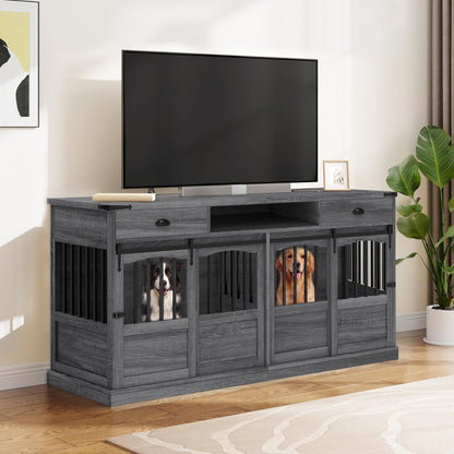 Homiflex 72" Double Dog Crate Furniture with Storage for 2 Medium Large Dogs Farmhouse Wooden Dog Kennel Furniture with 2 Sliding Doors Divider & Power Outlet Decorative Dog Cage TV Stand Grey