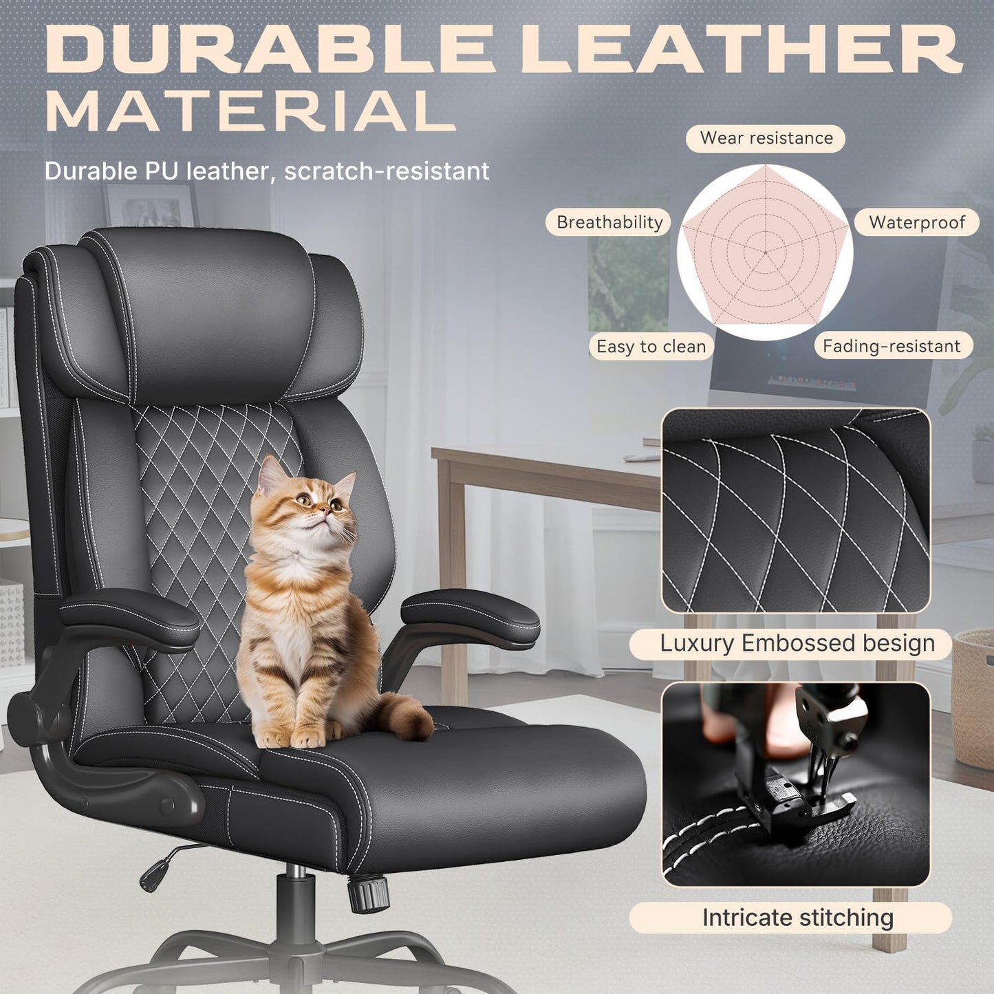 Office Chair-Executive High Back Breathable Comfy Desk Chair with Flip-up Armrests Lumbar Support-Ergonomic Leather Rolling Swivel Chair with Rock Function for Working,2 Pack