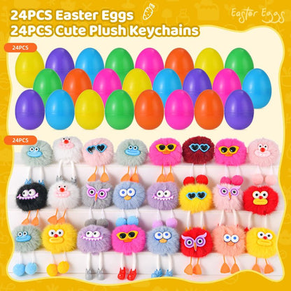 EFLSJIO 24 Pack Prefilled Easter Eggs with Kids Keychains Plush Toy Cute Keychains for Kid Boys Girls for Easter Egg Fillers, Easter Basket Stuffers Party Favor Gifts