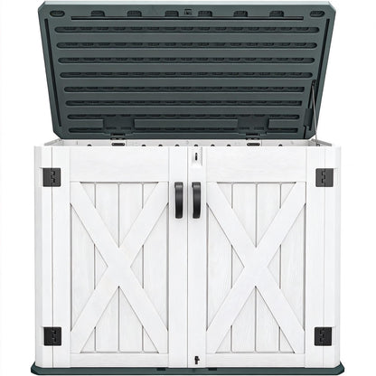 DWVO Outdoor Storage Shed, Weatherproof Resin, 35 Cu Ft Capacity, Horizontal Design, X-Shaped Lockable Door, Suitable for Bike, Garden Tools, Trash Cans, Light Gray