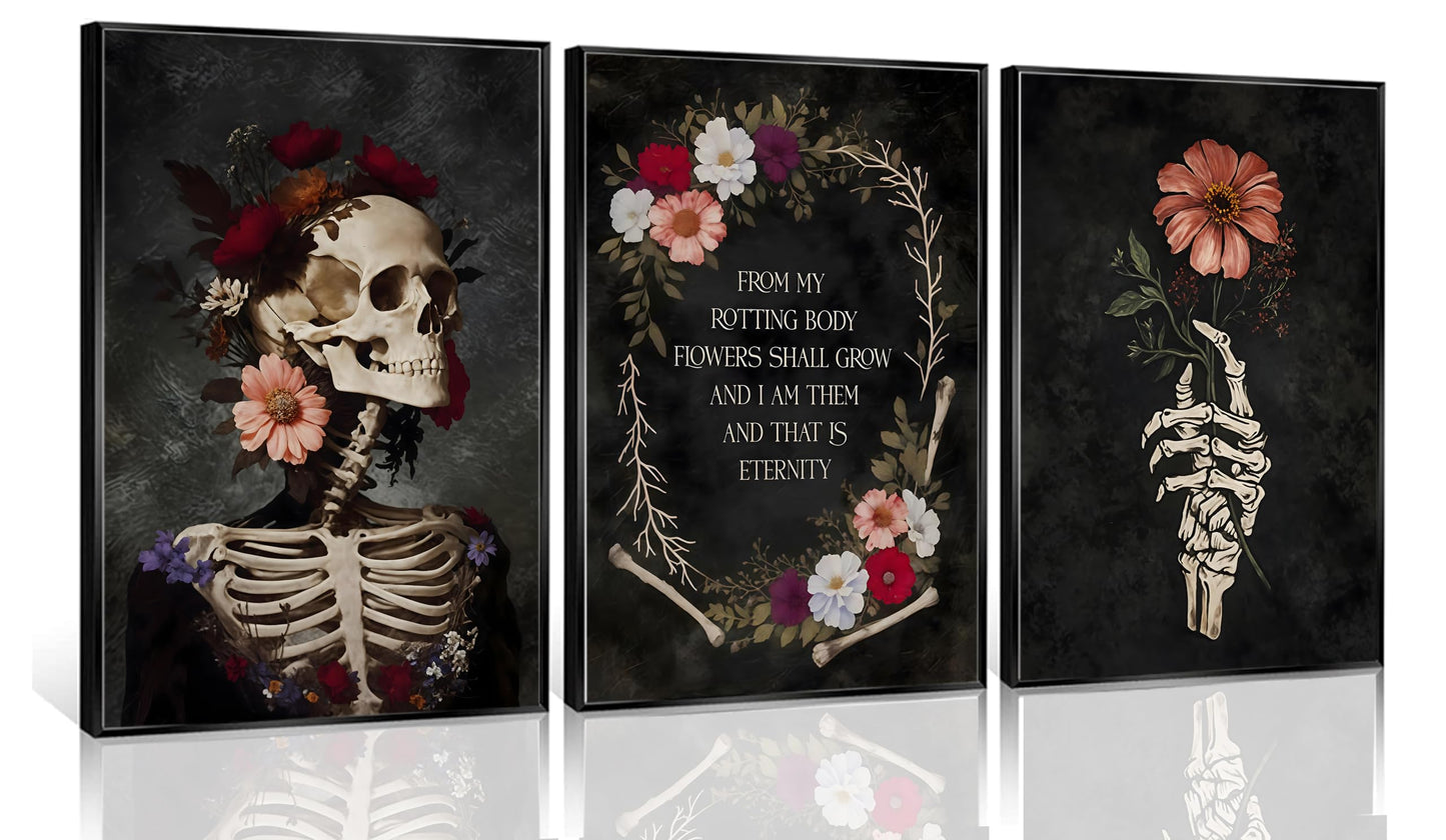 YCXDMJ 3Pcs Gothic Floral Skull Canvas Wall Art Unframed