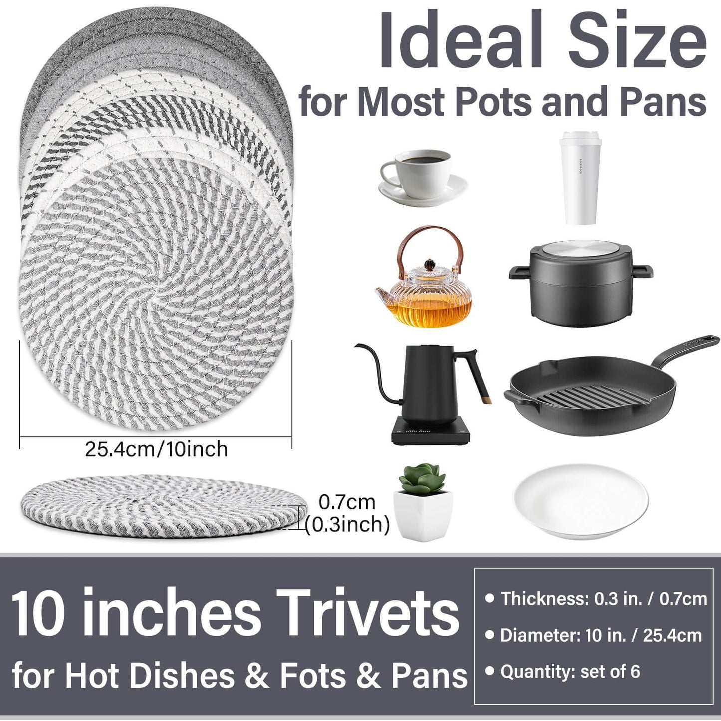Billbotk 10" Trivets for Hot Dishes, Hot pots and Pans, Set of 6, Heat Resistant Pot Holders for Kitchen, Hot Pads for Countertops