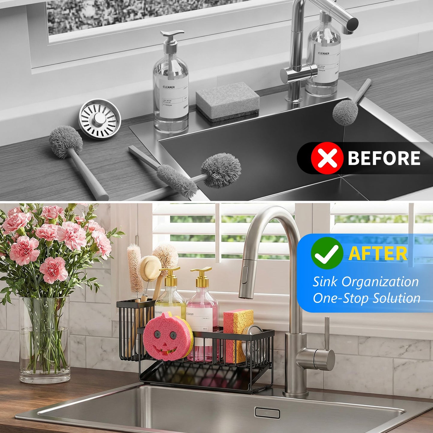Sponge Holder for Kitchen Sink,Smiley Face Sink Caddy with Removable Brush Holder,Self-Draining Sponge Caddy for Sponge,Soap,Dish Brush,Scrubber,Kitchen Essentials and Gadgets