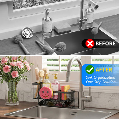 Sponge Holder for Kitchen Sink,Smiley Face Sink Caddy with Removable Brush Holder,Self-Draining Sponge Caddy for Sponge,Soap,Dish Brush,Scrubber,Kitchen Essentials and Gadgets