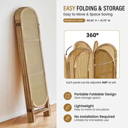 Aletheiawu Arched Rattan Room Divider 5.6 Ft Folding Privacy Screen, 6 Panel Freestanding Room Partition with Double Hinges, Lightweight Paulownia Wood Divider for Bedroom, Restaurant, Office, Natural