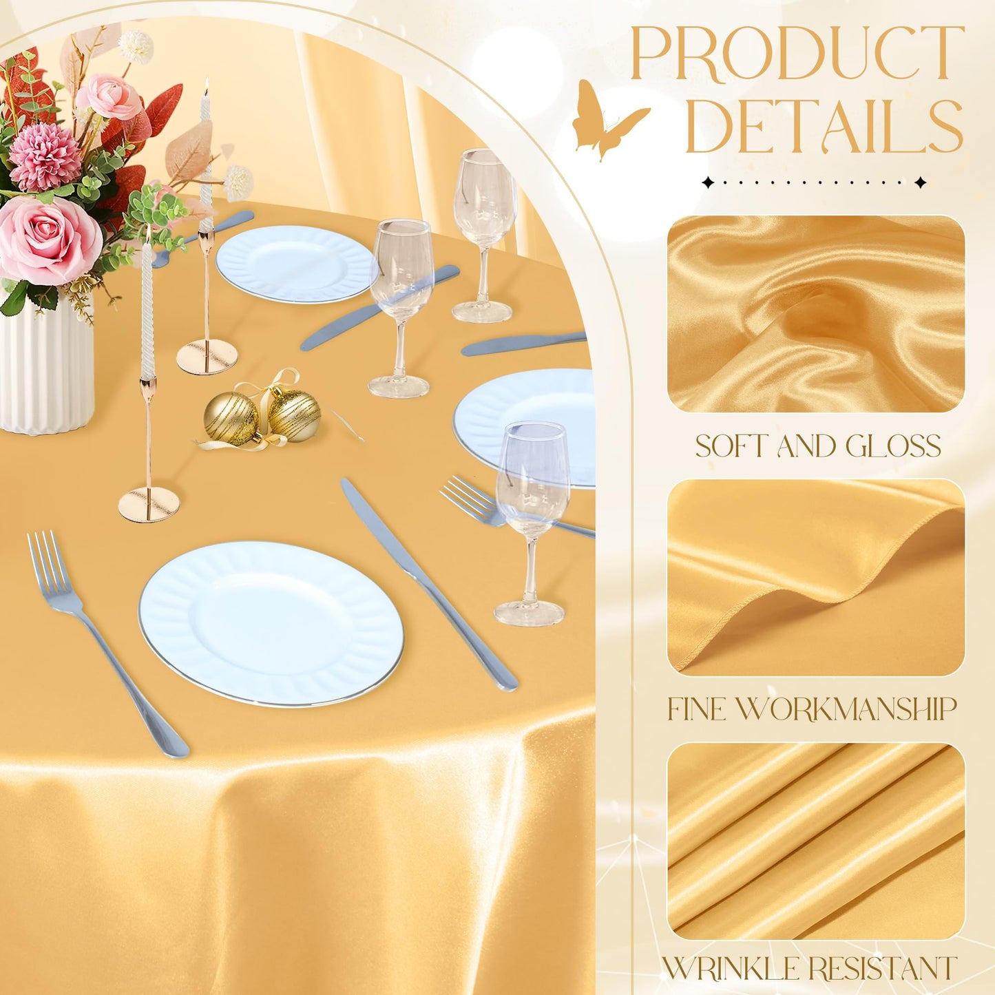 KKJIAF 4 Pack 120 Inch Round Tablecloth Satin Gold Round Table Cover, Silky Satin Dining Table Cloth for Wedding, Party, Banquet, Restaurant, Formal Events