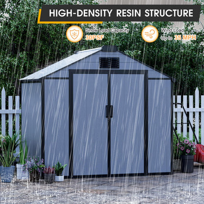 MELLCOM 8 x 6 FT Outdoor Storage Tool Shed with Lockable Door and Windows, Outdoor Resin Storage Shed with Floor, Plastic Garden Shed for Lawnmower, Pool Supply, Bike