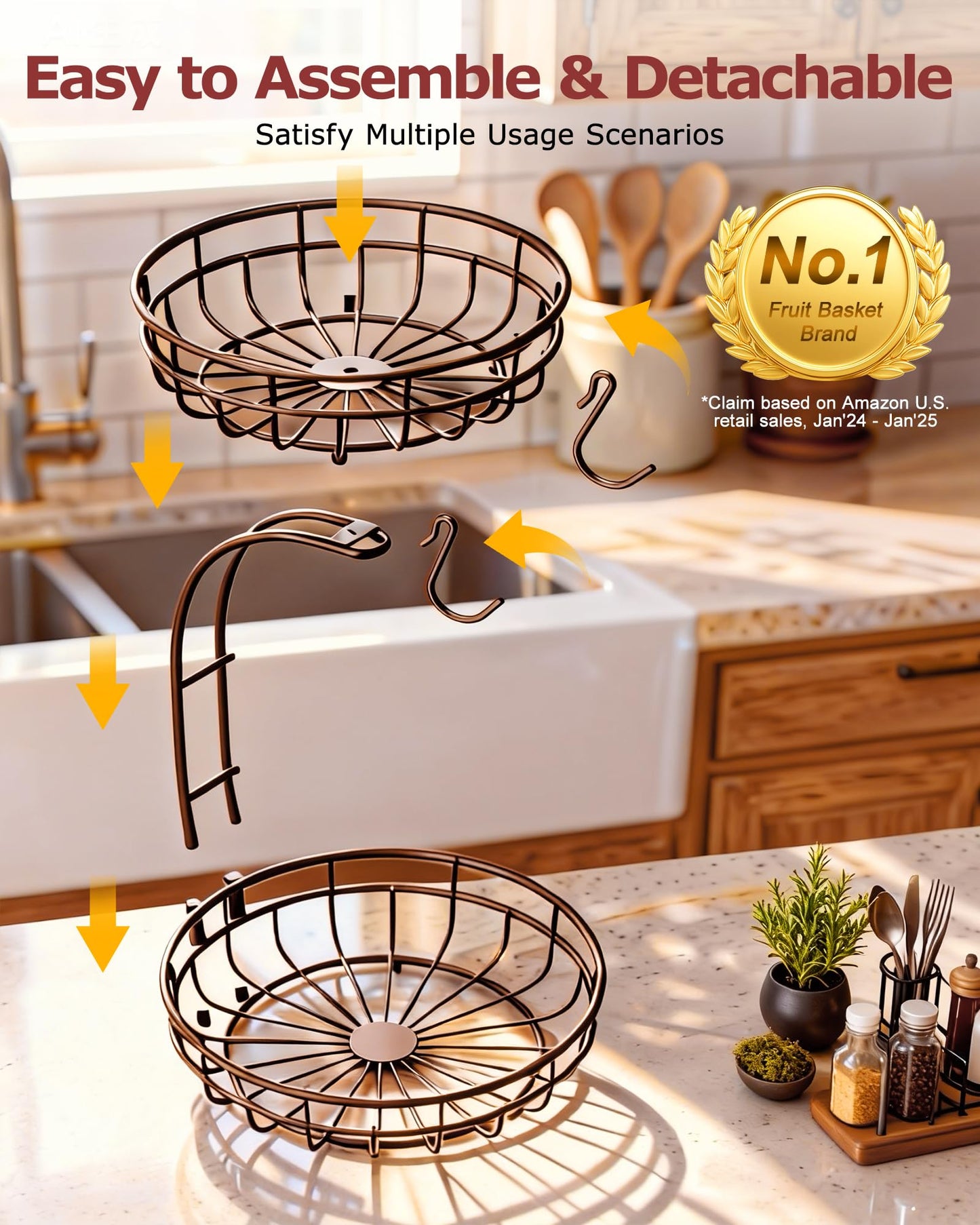 Sevenblue 2 Tier Large Fruit Basket for Kitchen Counter with Removable Banana Hanger - Sturdy Iron Fruit Bowl for Kitchen Counter and Vegetable Holder, Brown, Extra Large