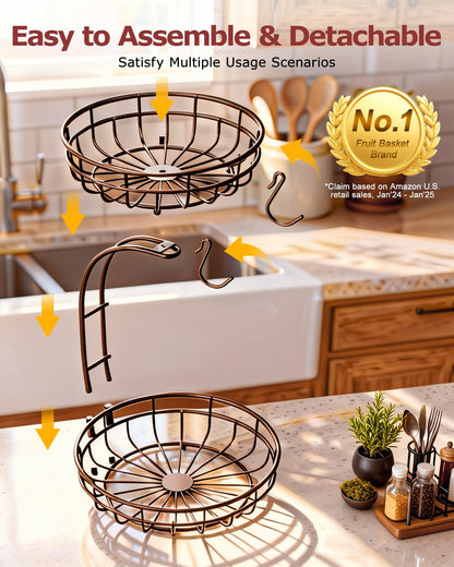 Sevenblue 2 Tier Large Fruit Basket for Kitchen Counter with Removable Banana Hanger - Sturdy Iron Fruit Bowl for Kitchen Counter and Vegetable Holder, Brown, Extra Large
