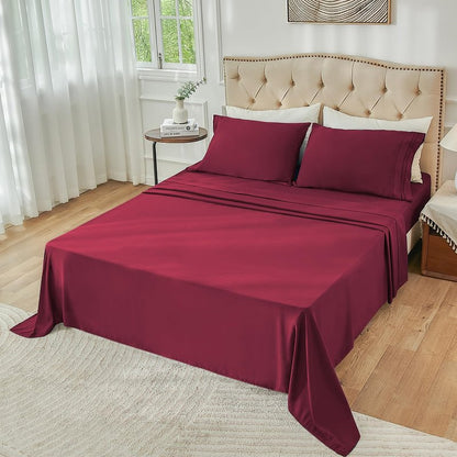 Yibeizi Queen Sheet Set Cooling Sheets Deep Pocket Queen Size Bed Sheets Set, Red Soft Microfiber Oeko-Tex Sheets & Pillowcases Hypoallergenic Wrinkle Free Bedsheets