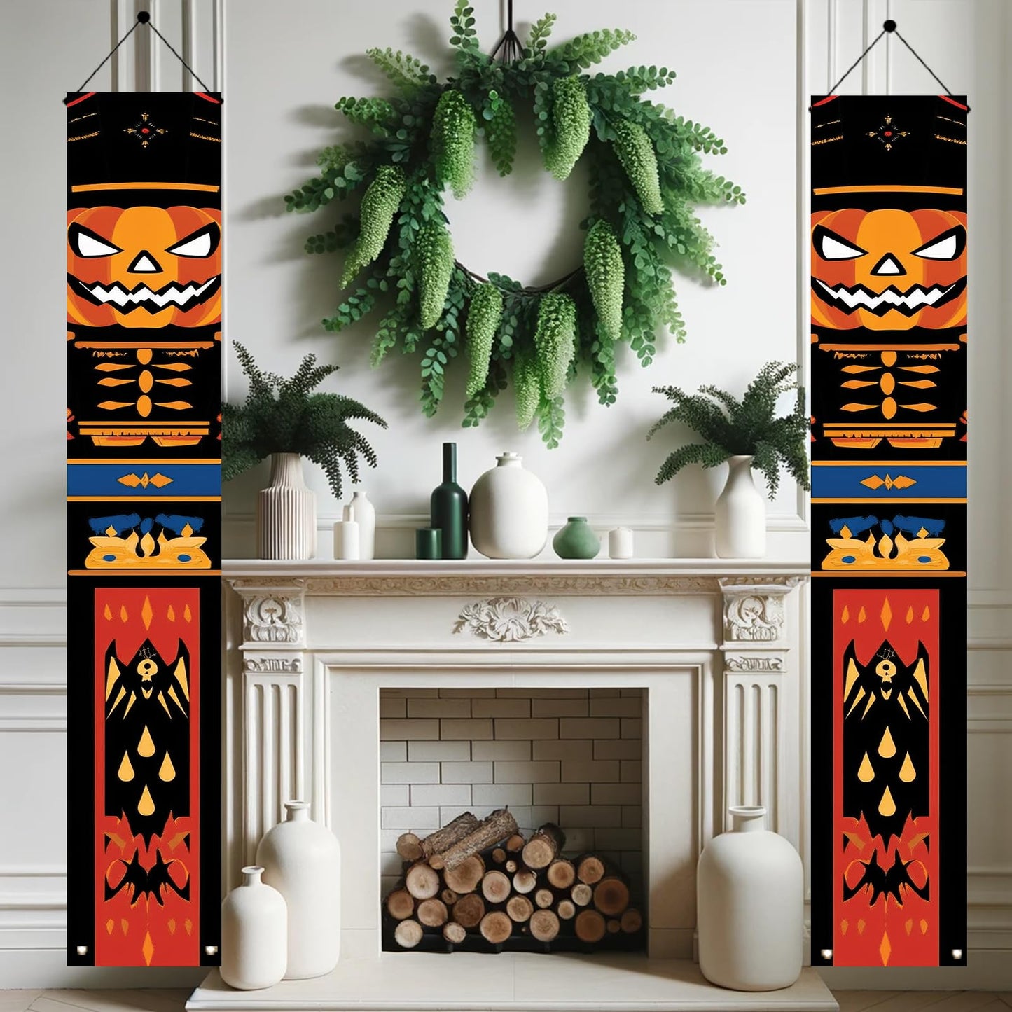 Saoplasa 2PCS Halloween Nutcracker Porch Banners 71 x 12 Inch Pumpkin Skeleton Door Decorations Scary Soldier Hanging Signs for Spooky Front Entryway Party Wall Decor Haunted House Yard Display