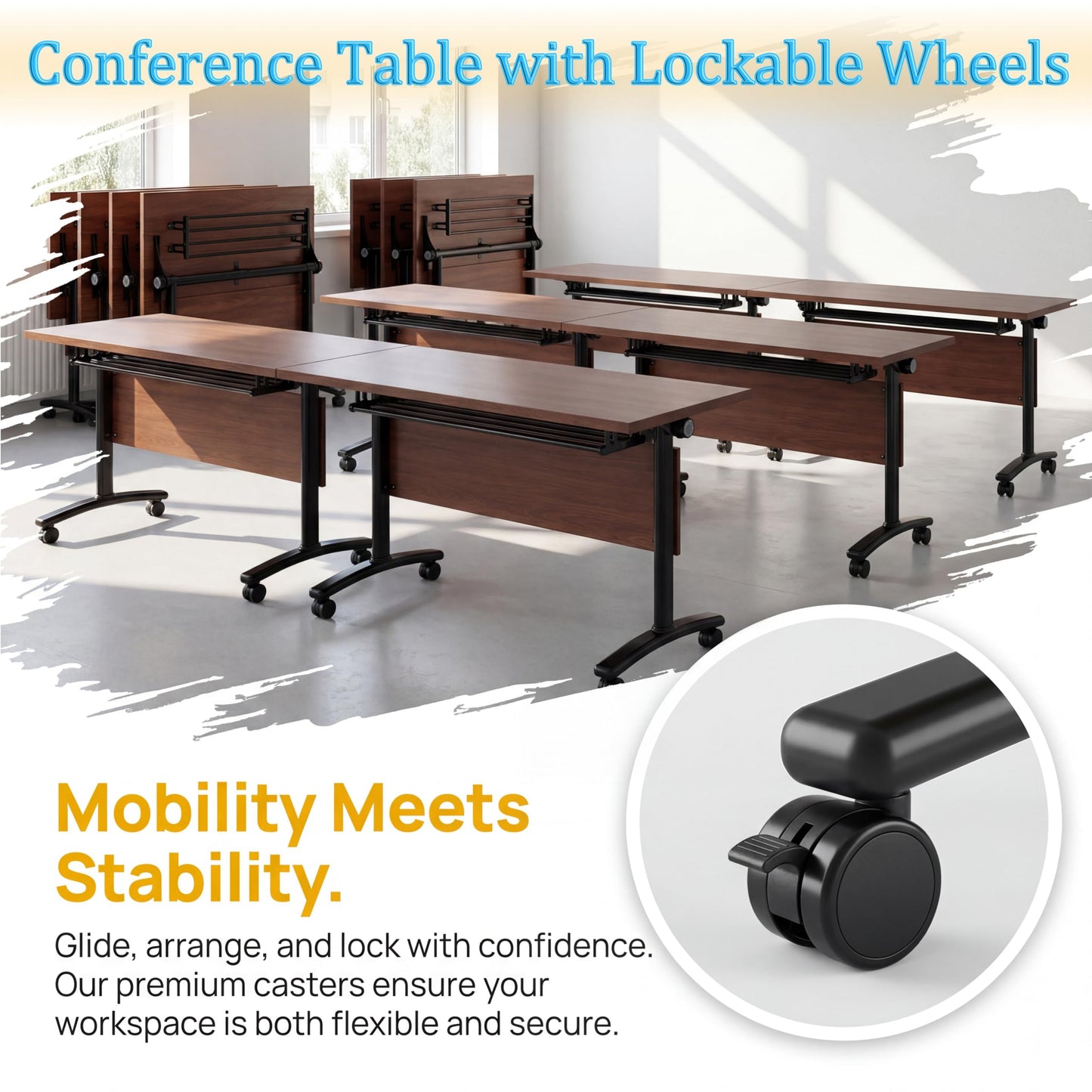 JNMDLAKO Modular Folding Conference Table with Locking Wheels, 10 Pack Flip Top Mobile Training Table, Modern Meeting Seminar Tables for Office, Hotel Conference Room(10,Walnut,71" L x 21" W x 29" H)