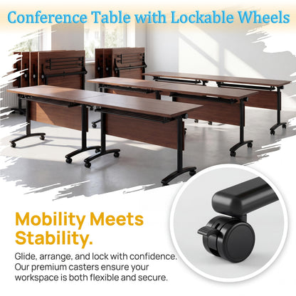 JNMDLAKO Modular Folding Conference Table with Locking Wheels, 10 Pack Flip Top Mobile Training Table, Modern Meeting Seminar Tables for Office, Hotel Conference Room(10,Walnut,55" L x 21" W x 29" H)