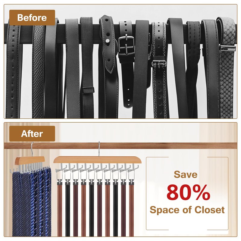 Cycleacc Tie Rack Hanger for Closet, 2 in 1 Belt Tie Hangers with 20 Folding Hooks, 360 Degree Rotating Wooden Tie Holder Organizer for Men Ties Belts Scarves Tank Tops Accessories, Wood (1 Pack)