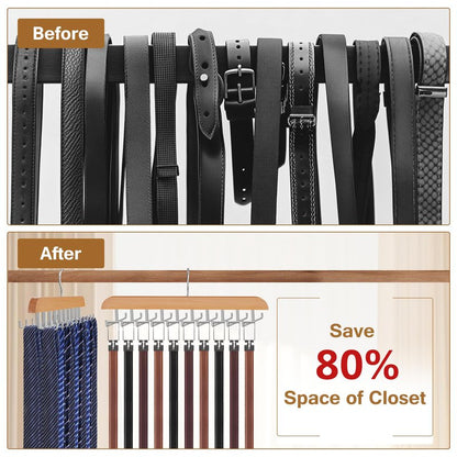 Cycleacc Tie Rack Hanger for Closet, 2 in 1 Belt Tie Hangers with 20 Folding Hooks, 360 Degree Rotating Wooden Tie Holder Organizer for Men Ties Belts Scarves Tank Tops Accessories, Wood (1 Pack)