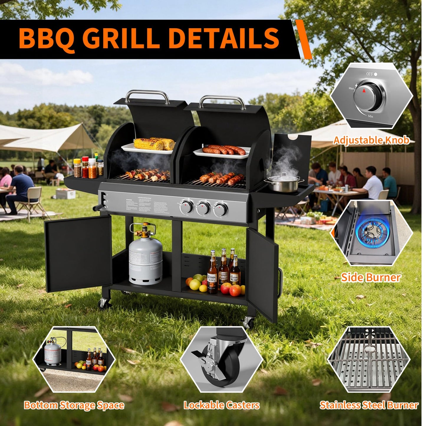Garvee 3 Burner Propane Gas and Charcoal Grill Combo with Side Burner, Outdoor Dual Fuel Grill with Storage Cabinet for Patio & Party & Kitchen & Backyard Barbecue