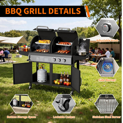 Garvee 3 Burner Propane Gas and Charcoal Grill Combo with Side Burner, Outdoor Dual Fuel Grill with Storage Cabinet for Patio & Party & Kitchen & Backyard Barbecue