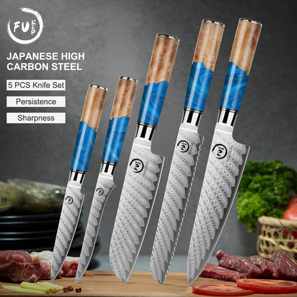 Fukep 5 Piece Damascus Knife Set, Professional Japanese Knife Set with Japanese VG 10 Steel Core, Blue Resin Handle, Includes Chef, Santoku, Bread, Boning & Paring Damascus Knives in Gift Box