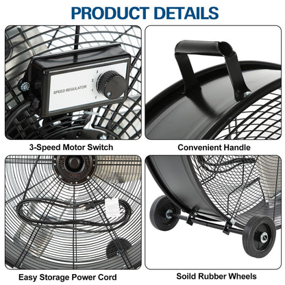 BILT HARD 34" 15000 CFM High Velocity Drum Fan, 2-Speed Heavy Duty Industrial Shop Fan with Casters & Handle for Warehouse, Factory Workshop and Garage Use